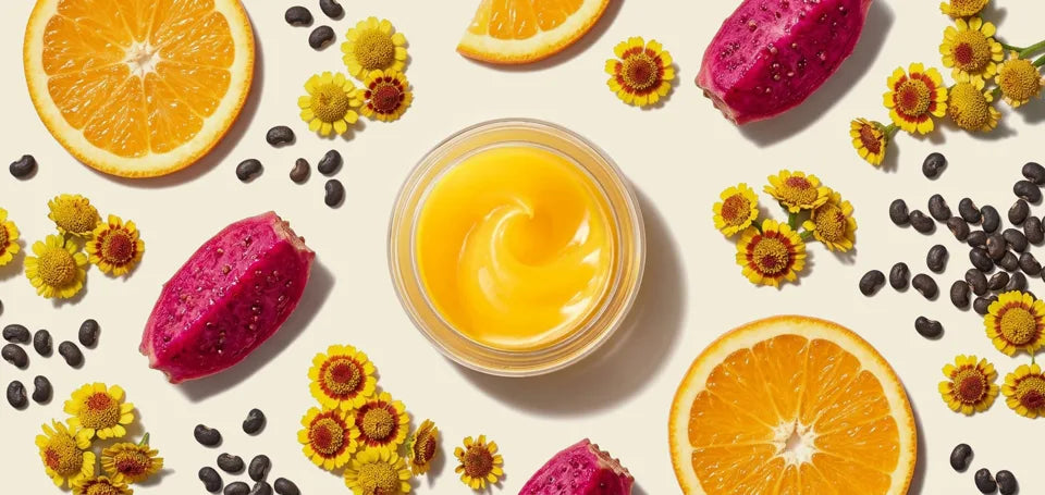 Advanced Antioxidant Renewing Gel in an open jar with prickly pear, orange, and bakuchiol botanicals