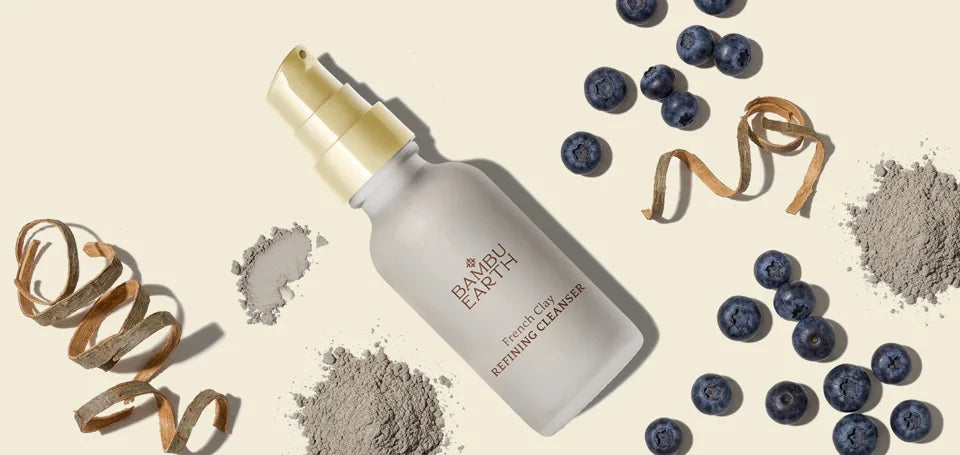 French Clay Refining Cleanser bottle with blueberries, willow bark, and French black clay