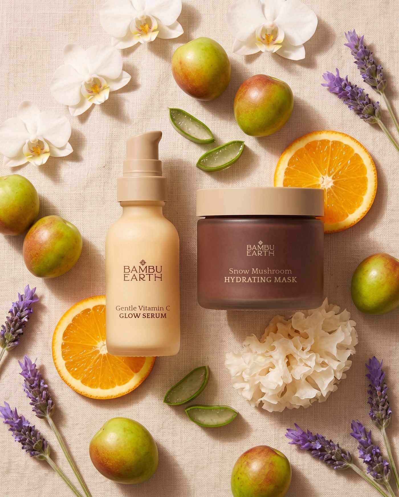 Gentle Vitamin C Glow Serum and Snow Mushroom Hydrating Mask with botanicals