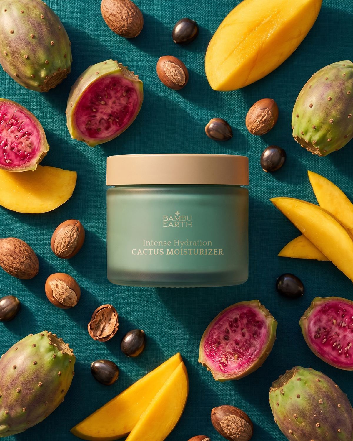 Intense Hydration Cactus Moisturizer surrounded by prickly pear, mango and marula