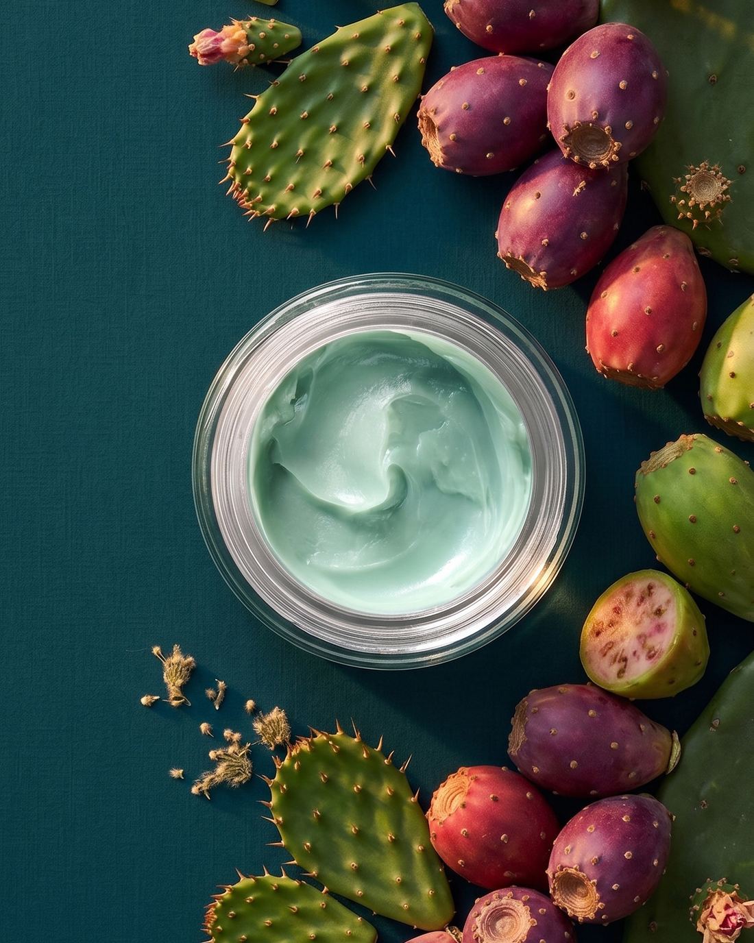 Open jar of blue-green cactus moisturizer ringed with prickly pear fruit and paddles