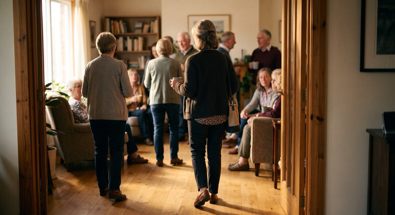 A woman walking into a warmly lit room of people mid-conversation, seen from behind.