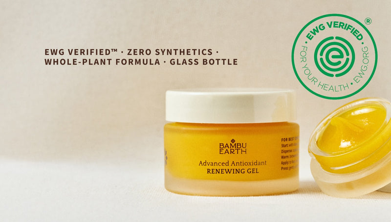 The Advanced Antioxidant Renewing Gel jar with its lid off, beside the EWG VERIFIED seal and callouts: zero synthetics, whole-plant formula, glass bottle.