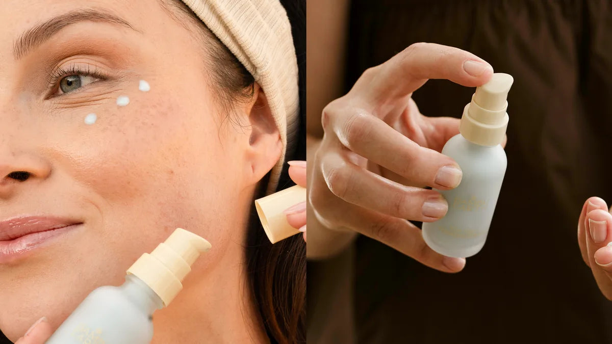 Serum dotted along the cheek, and the pump bottle held in hand