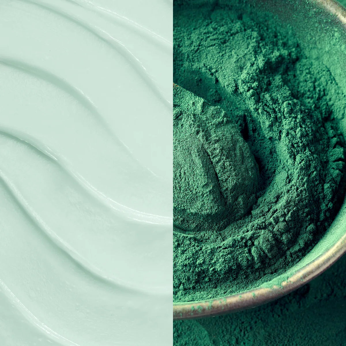 The serum texture side by side with a bowl of spirulina powder