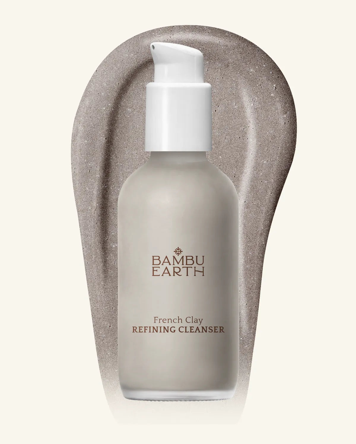 French Clay Refining Cleanser 4 oz frosted glass pump bottle on a French clay smear