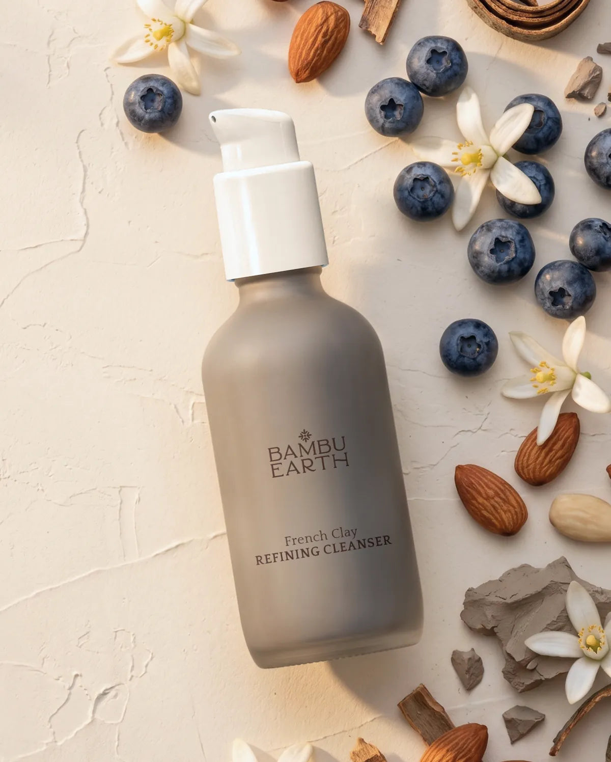French Clay Refining Cleanser 4 oz frosted glass pump bottle with blueberry, almond, citrus blossom and French clay
