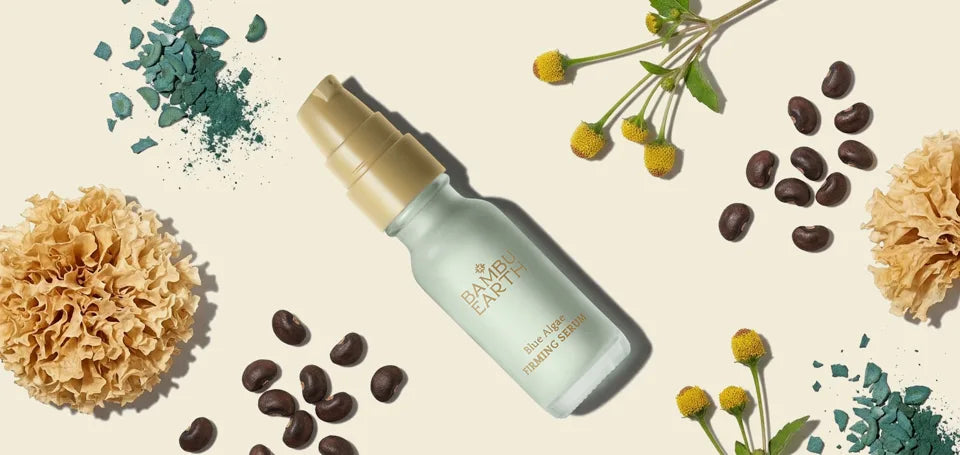 Blue Algae Firming Serum bottle with blue algae, tremella mushroom, bakuchiol seeds, and paracress