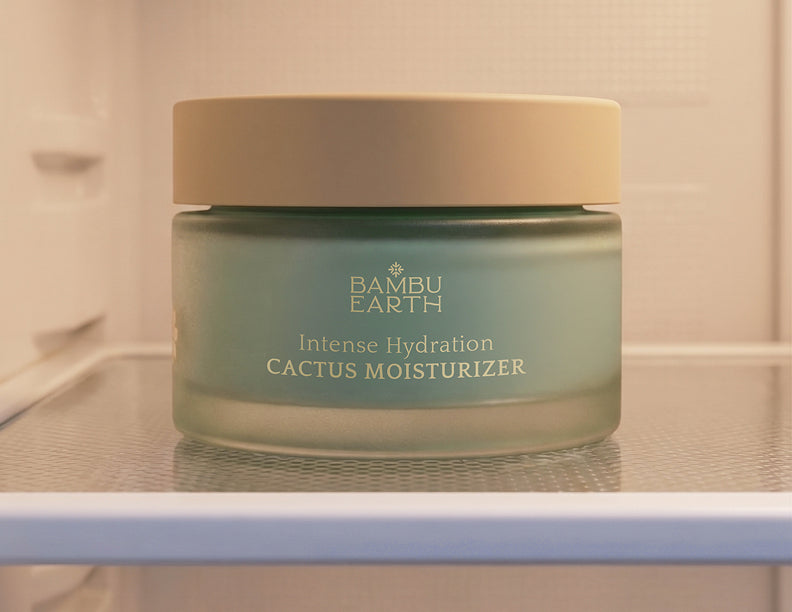 Cactus Moisturizer jar standing upright on a refrigerator shelf